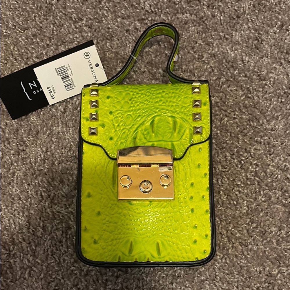 Versona Green and Gold Mini Bag with Textured Design and long gold chain strap
